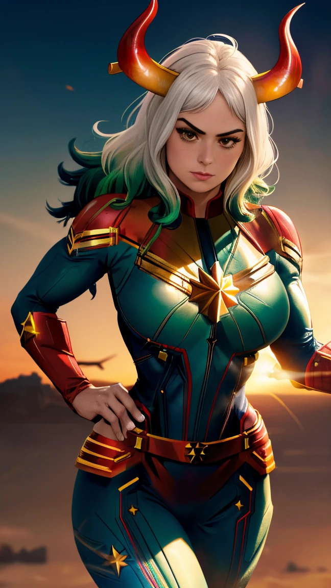 Foto de corpo inteiro, Yamato cosplay captain marvel, (best qualityer:1.3), sultry posing, captain marvel, (demon girl), very huge breasts, seductiv, sexly, white hair with light green tips, horn with red tips