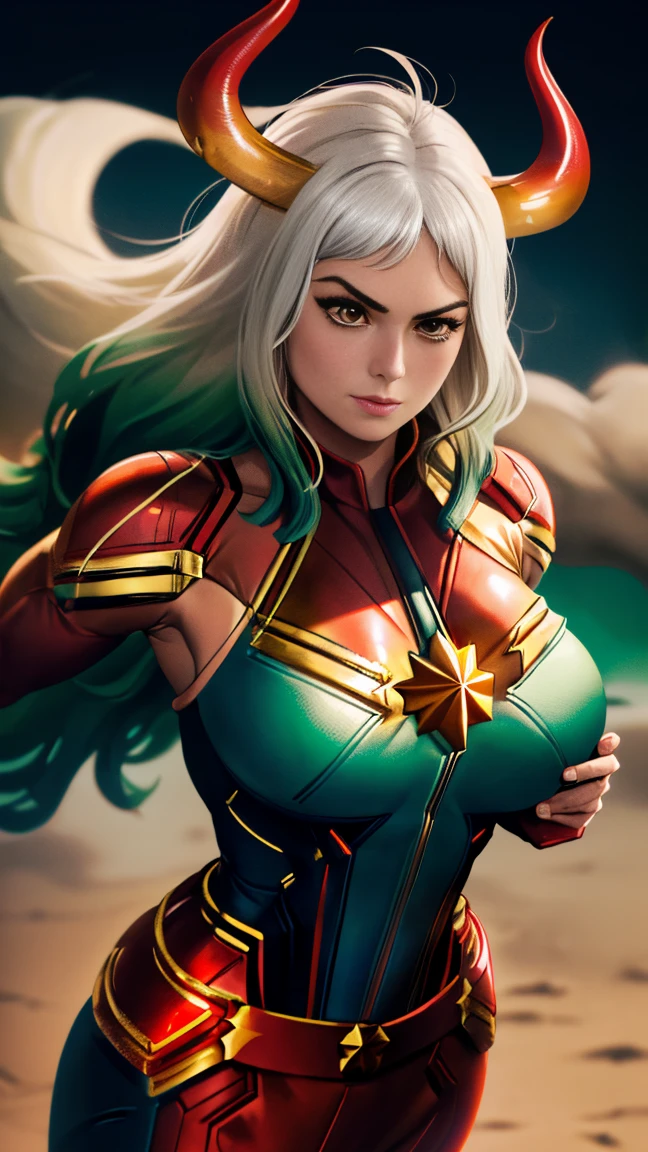 Foto de corpo inteiro, Yamato version of Captain marvel, (best qualityer:1.3), sultry posing, captain marvel, (demon girl), very huge breasts, seductiv, sexly, white hair with light green tips, horn with red tips