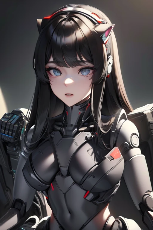 (masterpiece),(Highest quality),(Super detailed),(Best illustrations),(Best Shadow),(Absurd),(Detailed Background),(so beautiful), 16K, 8K, 4K,(Best Shadow),empty eyes,robotization,woman ,big bust,Robot Joint ,Metal skin,Black Suit,long hair,a black suit that covers the whole body,robot hand,cyber bodysuit,metal cat ear