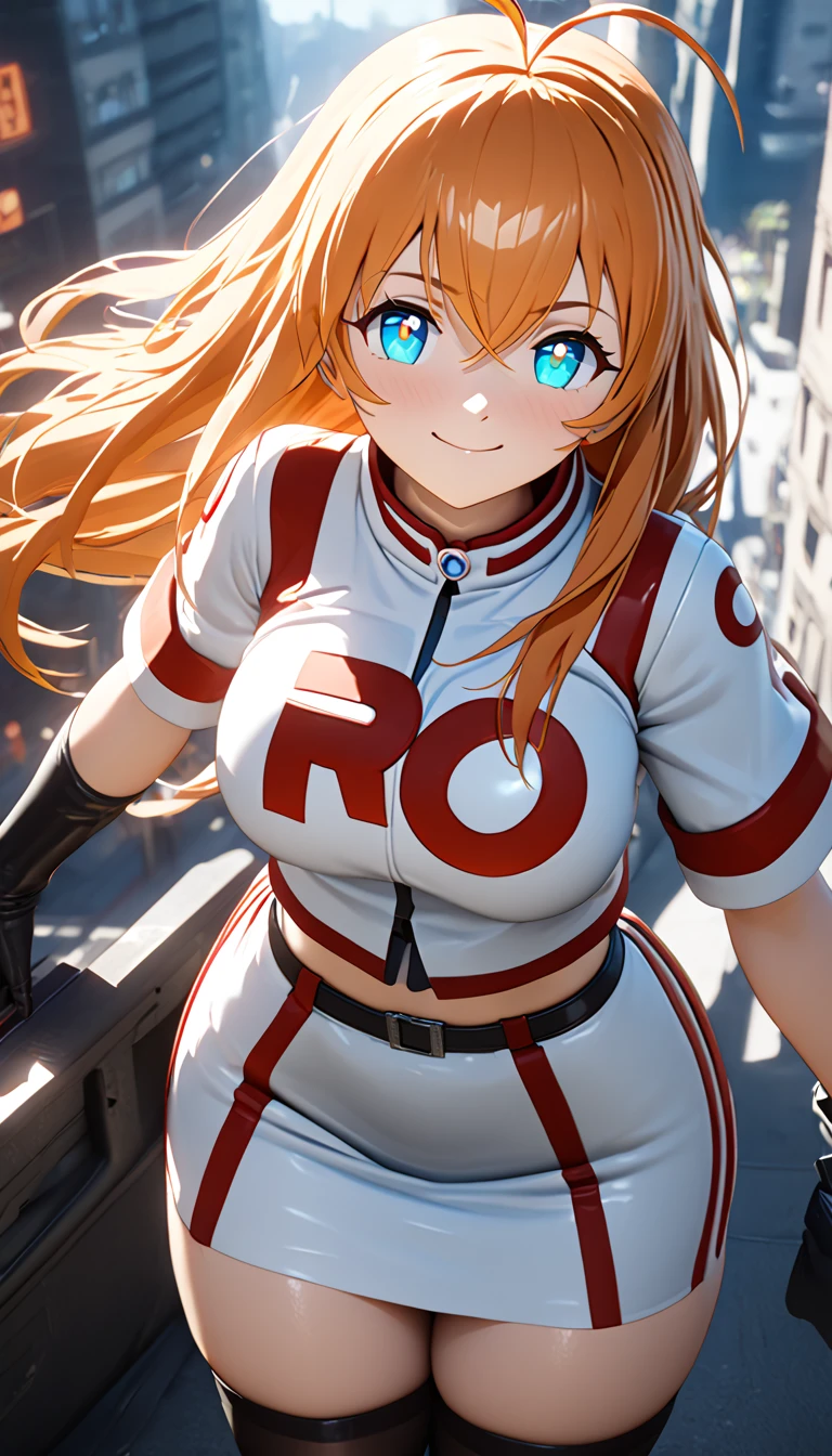 diaphragm, (bright Eyes:1.25), masterpiece, Best Quality, extremely detailed, high quality, 4k, sharp focus, professional, sharp focus, awarded, cinematic lighting, Octane rendering, unreal engine, volumetric dtx, Wallpaper, (masterpiece, top quality: 1.2), anime style, Super detail, Great lighting, (1 girl: 1.3), (High resolution:1.2),(​masterpiece、premium:1.2),very detailed eyes, perfect face, very beautiful female body, big thighs, big chest, good lighting, cowboy shot, Alone, 1 girl, (((happy face))), standing, Dynamic pose, Look at the spectators, orange hair, Long hair, Sonsaku Hakufu, antenna hair, turquoise eyes, smiling happy, stop on buildings, city background, Team Rocket,Team Rocket uniform,tight white skirt,red letter R,crop top,black thigh high stockings,black gloves below the elbow