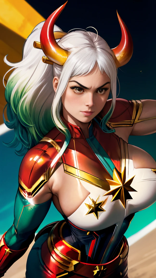 Foto de corpo inteiro, Yamato version of Captain marvel, (best qualityer:1.3), sultry posing, captain marvel, (demon girl), very huge breasts, seductiv, sexly, white hair with light green tips, horn with red tips