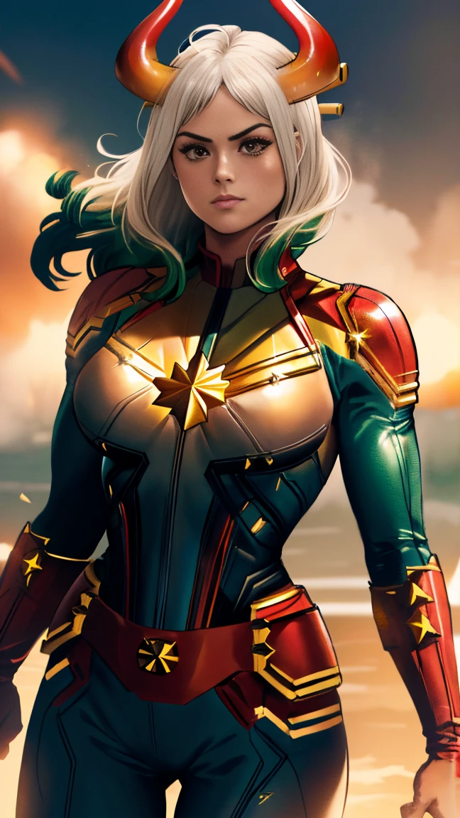 Foto de corpo inteiro, Yamato version of Captain marvel, (best qualityer:1.3), sultry posing, captain marvel, (demon girl), very huge breasts, seductiv, sexly, white hair with light green tips, horn with red tips