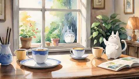 in the cozy living room, a white totoro-like cat sleeps in the room. zoom in on the coffee cup on the table. watercolor painting...