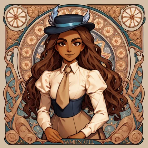 masterpiece, art nouveau,  franimel, long hair untill hips, brown skin, brown eyes, freckles, hat, beige tie, light smile, look ...