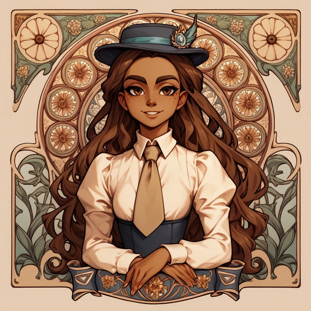 masterpiece, art nouveau,  franimel, long hair untill hips, brown skin, brown eyes, freckles, hat, beige tie, light smile, look at viewer, hands behind, half body view