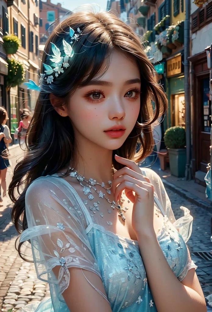 Very realistic photo, natural light, realistic, very detailed, photography, masterpiece, high quality, Upper body angle, Beautiful perfect face_Translucent and shiny, hyper realistic, (Detailed and accurate hand drawing, delicate features), Dynamic colors, street with buildings, clear sky, (best quality, 8k, hyper realistic:1.2), (very detailed, realistic:1.37), bright background, elaborately detailed, amazing, fluorescent lamp, glowing, bioluminescence,