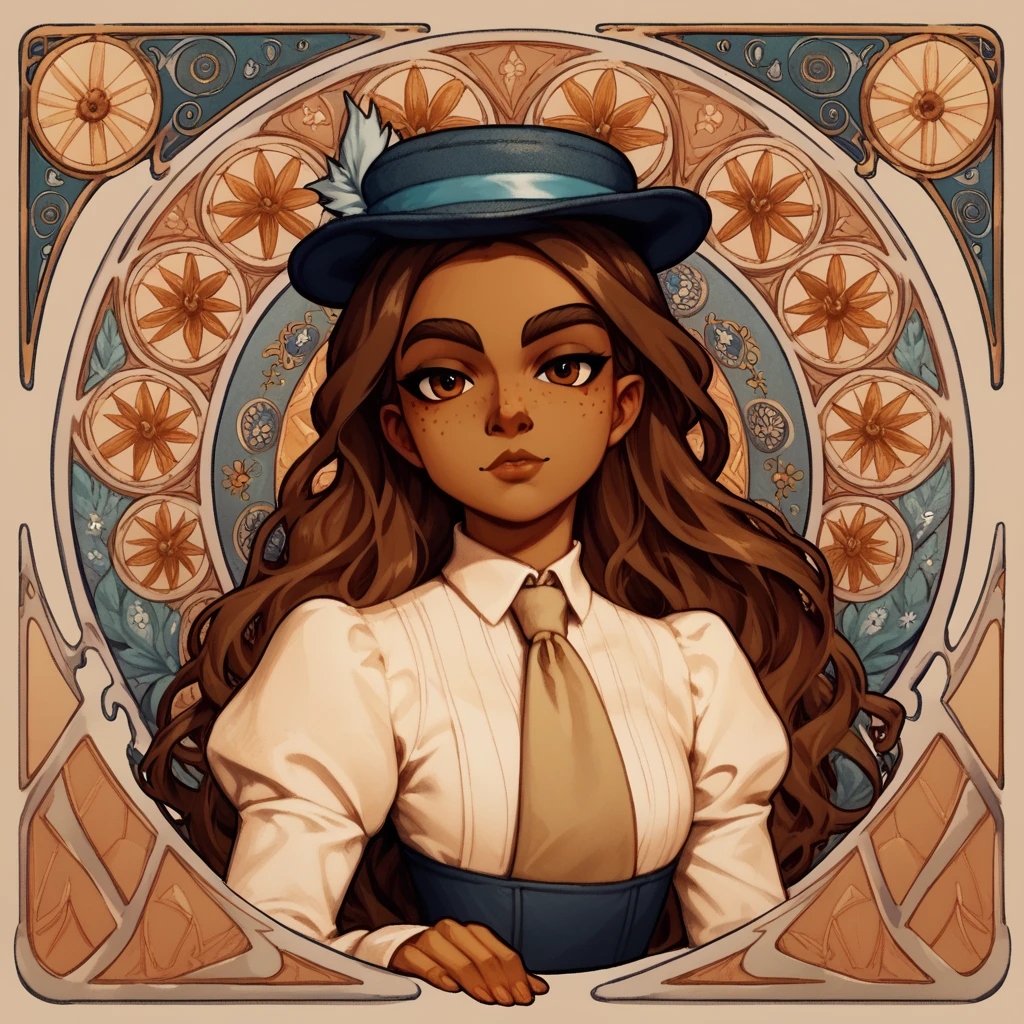 masterpiece, art nouveau,  franimel, long hair untill hips, brown skin, brown eyes, freckles, hat, beige tie, relaxing attitute, look at viewer, hands behind, half body view