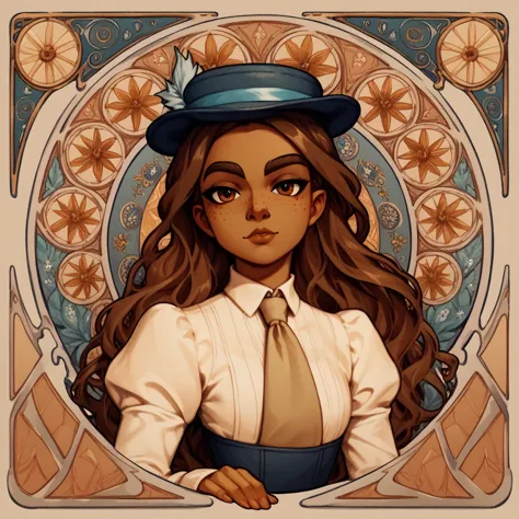 masterpiece, art nouveau,  franimel, long hair untill hips, brown skin, brown eyes, freckles, hat, beige tie, relaxing attitute,...