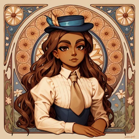 masterpiece, art nouveau,  franimel, long hair untill hips, brown skin, brown eyes, freckles, hat, beige tie, relaxing attitute,...