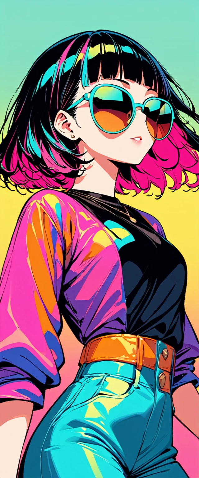 (highest quality:1.2, City Pop Style, Very detailed, Latest, Vibrant, High Contrast, masterpiece:1.2, highest quality, Best aesthetics), girl, ((Face Up Shot:1.4)), Colorful Hair, Bobcut, pastel colour, 1980s style, Retro, Vintage, ((Single color background)), (sunglasses).