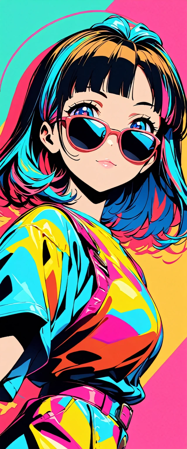 (highest quality:1.2, City Pop Style, Very detailed, Latest, Vibrant, High Contrast, masterpiece:1.2, highest quality, Best aesthetics), girl, ((Face Up Shot:1.4)), Colorful Hair, Bobcut, pastel colour, 1980s style, Retro, Vintage, ((Single color background)), (sunglasses).