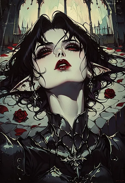 vampires, thick black hair pale skin, eyes red, red lips, black armor with red details, with pointy ears, dark, dark castle, ful...