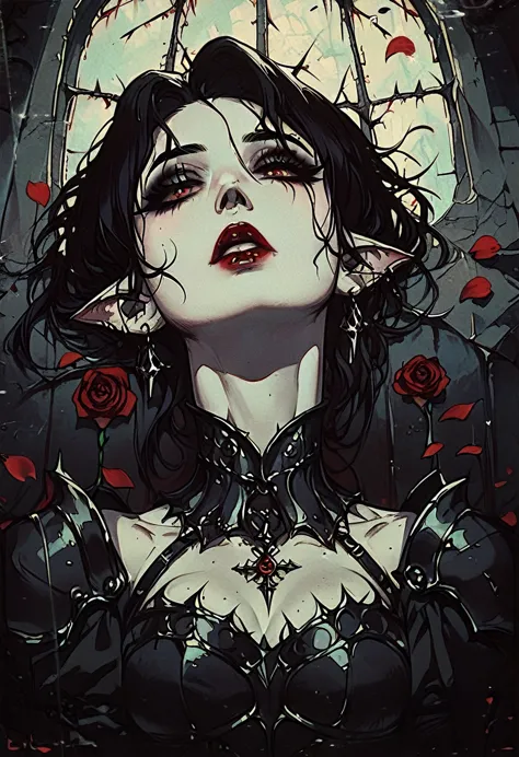 vampires, thick black hair pale skin, eyes red, red lips, black armor with red details, with pointy ears, dark, dark castle, ful...