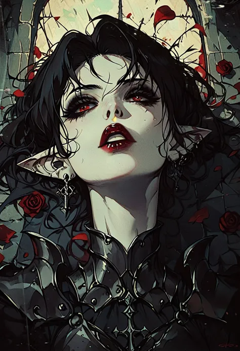 vampires, thick black hair pale skin, eyes red, red lips, black armor with red details, with pointy ears, dark, dark castle, ful...