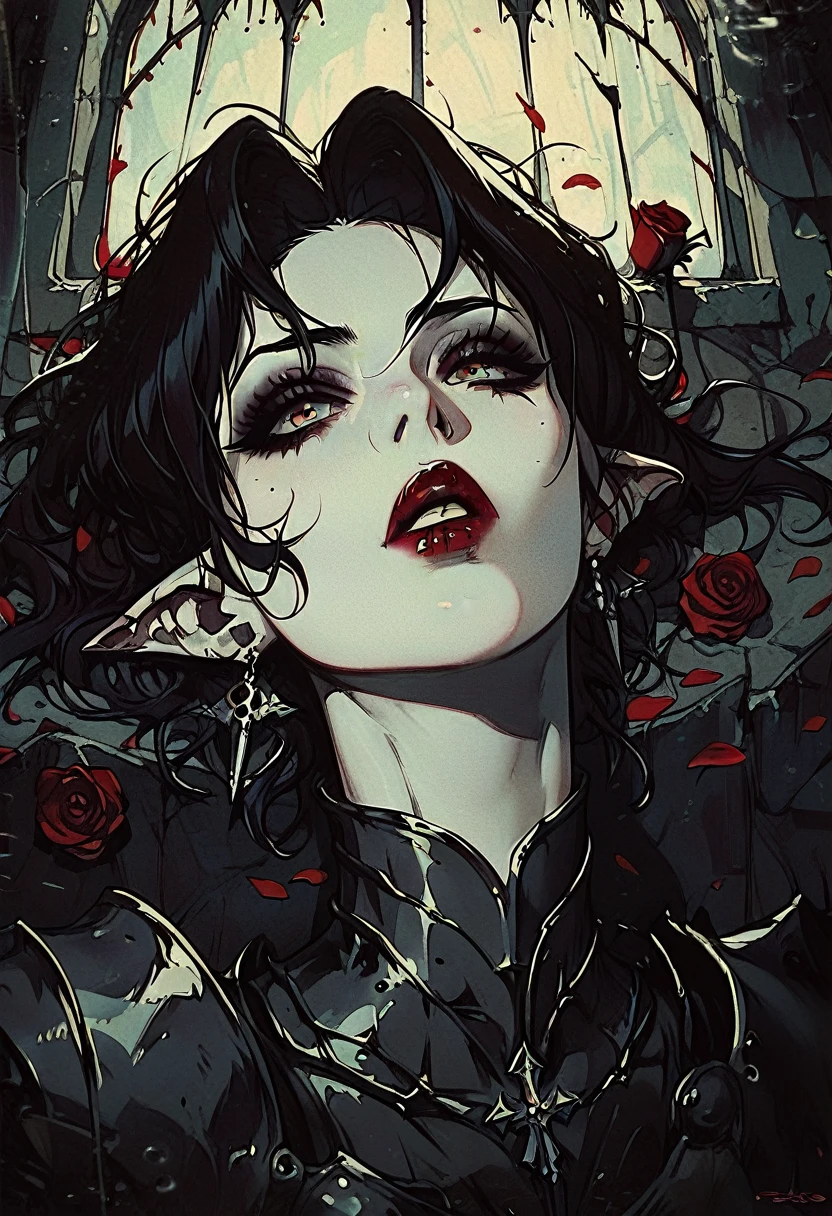  vampires, thick black hair pale skin, Eyes red, Red lips, Black armor with red details, with pointy ears, dark, dark Castle, fully body, lying on rose petals