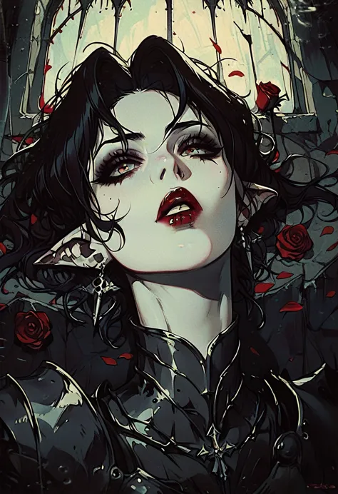 vampires, thick black hair pale skin, eyes red, red lips, black armor with red details, with pointy ears, dark, dark castle, ful...