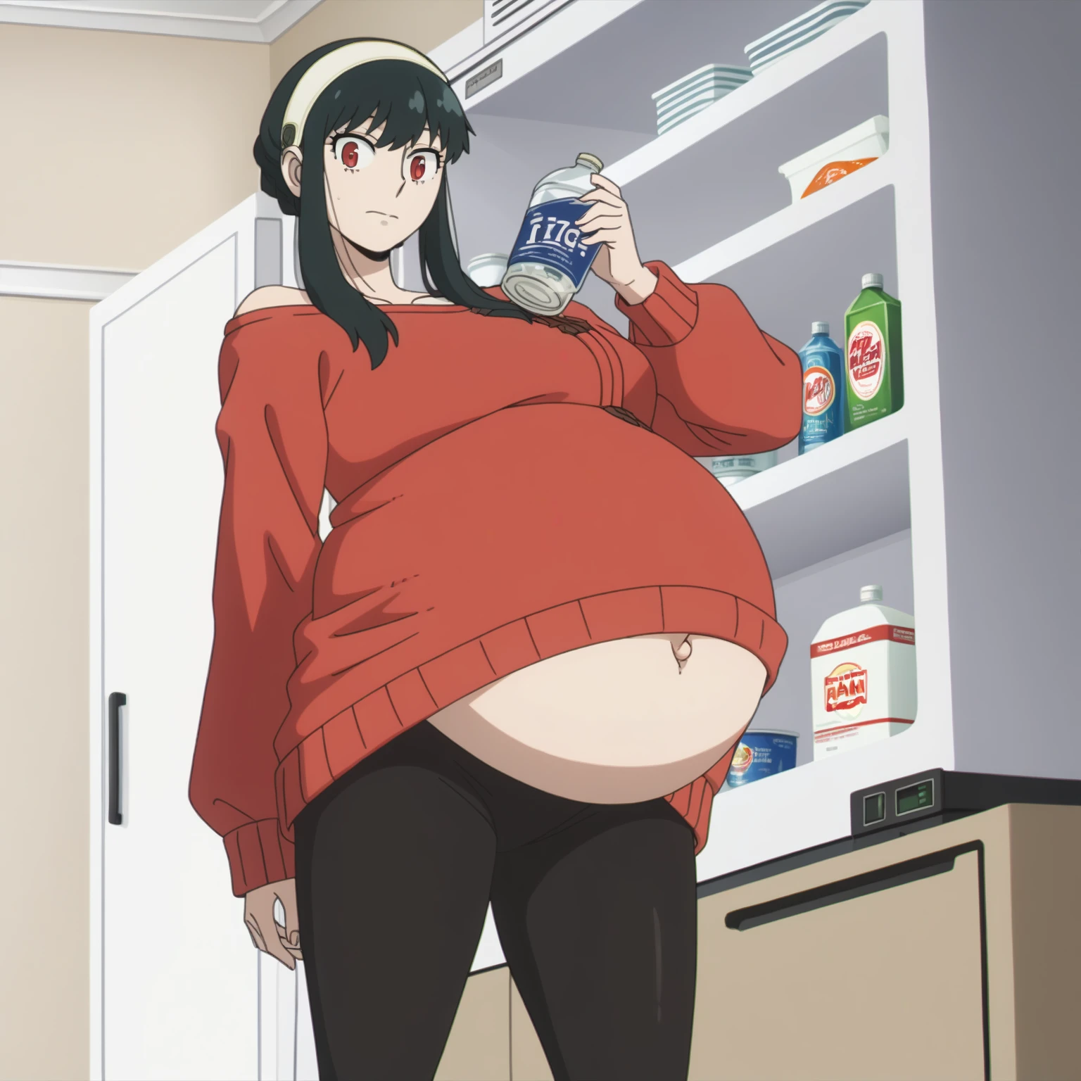 looking at viewer, solo, YorForger,1girl, ((middle breast)), ((belly stuffed)), ((huge belly)), ((staggers)), black hair, red eyes, short hair with long locks, white hairband, off shoulder, ((red sweater)), black pantyhose, ((drank too much)), ((exhausted)), ((agitated)), ((in front of a fridge)), ((open fridge)), ((lean on the fridge)),