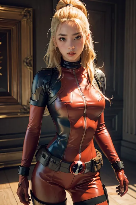 (((3d,cgi))) “cartoon art-style” realistic portrait of a sexy and busty female superhero character in the style of deadpool, i h...