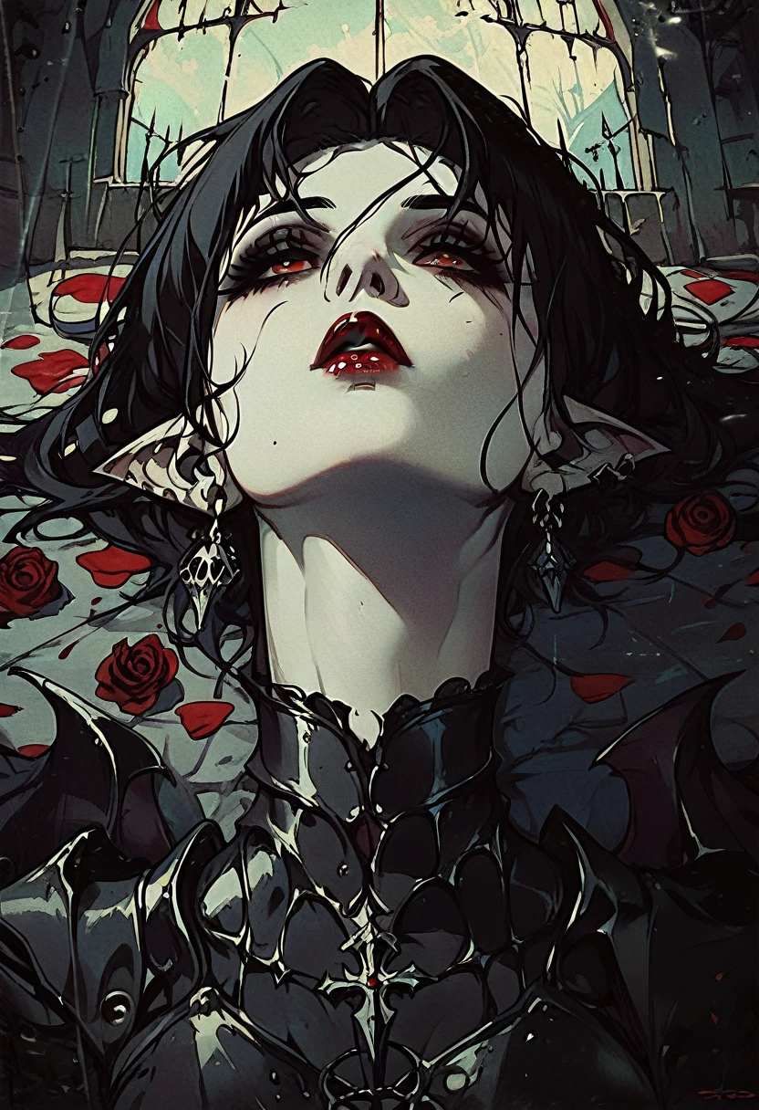  vampires, thick black hair pale skin, Eyes red, Red lips, Black armor with red details, with pointy ears, dark, dark Castle, fully body, lying on rose petals