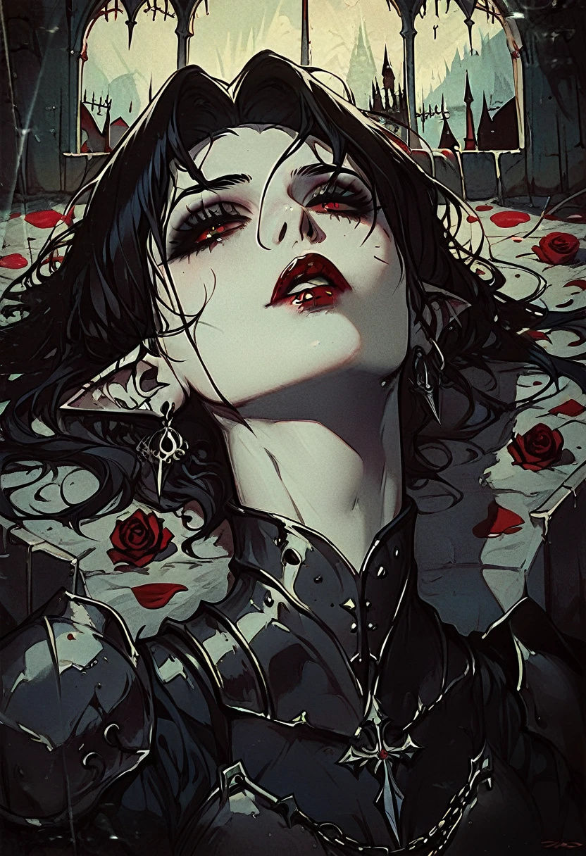  vampires, thick black hair pale skin, Eyes red, Red lips, Black armor with red details, with pointy ears, dark, dark Castle, fully body, lying on rose petals