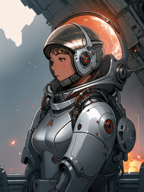 (((whole body))), digital portrait of a female marine in space, distinctively feminine traits, silver alloy metal and red heavy ...