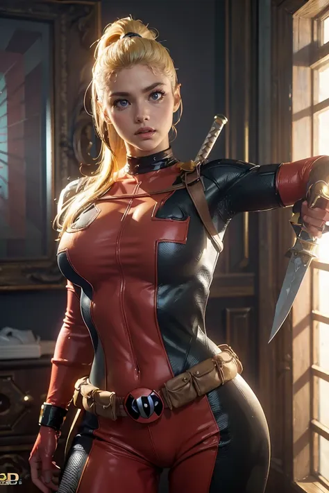 (((3d,cgi))) “cartoon art-style” realistic portrait of a sexy and busty female superhero character in the style of deadpool, i h...