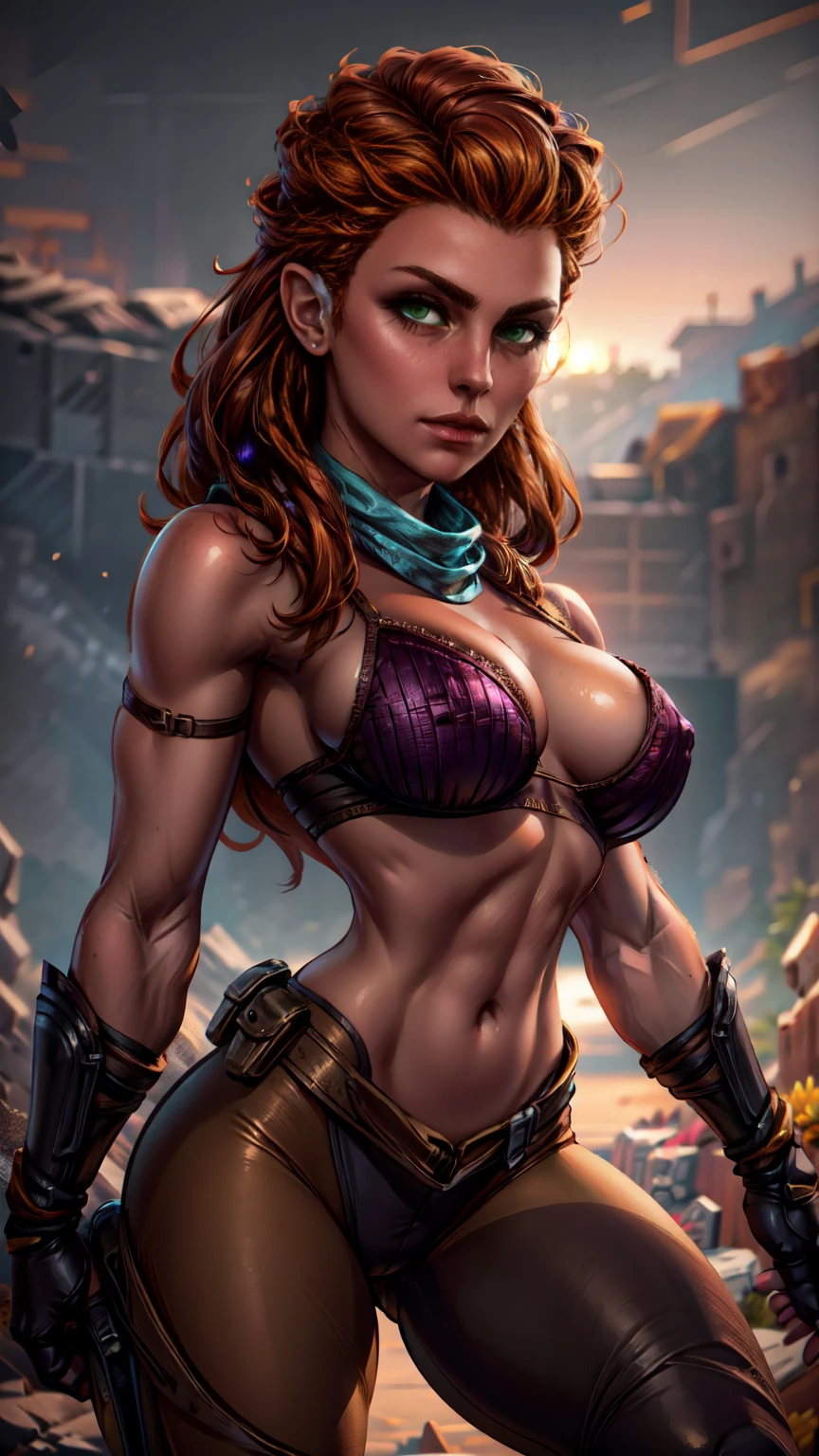 beautiful detailed eyes, beautiful detailed lips, extremely detailed eyes and face, long eyelashes, 1girl, cosplay, Kim Possible cosplays as Aloy from Horizon games, intricate detailed costume, high quality 3D render, cinematic lighting, photorealistic, hyper detailed, vibrant colors, warm lighting, dramatic pose, dynamic action, epic fantasy, human anatomy, no bra