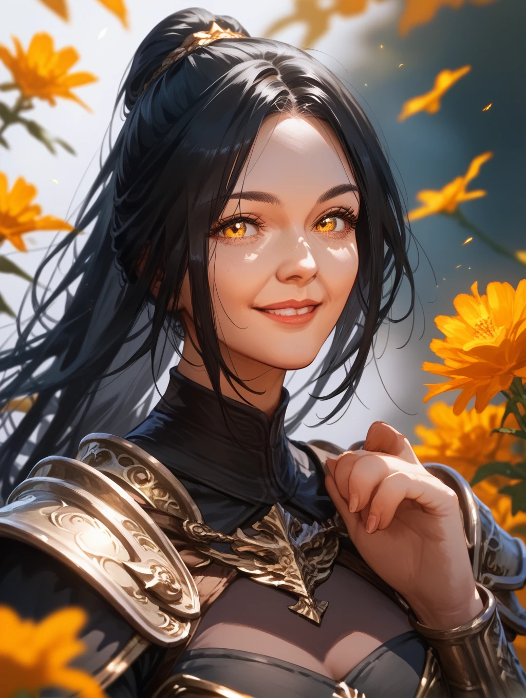 light smile,, (score_9,score_8_up,score_7_up,score_6_up,score_5_up,score_4_up),detailed,((mature woman)),detailed face,long black hair,fantasy,black dress,armor,golden eyes