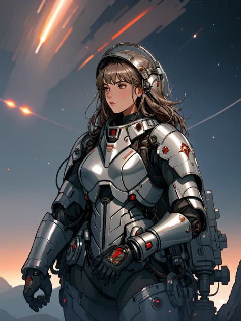 (((whole body))), digital portrait of a female marine in space, distinctively feminine traits, silver alloy metal and red heavy ...