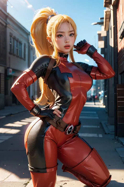 (((3d,cgi))) “cartoon art-style” realistic portrait of a sexy and busty female superhero character in the style of deadpool, i h...