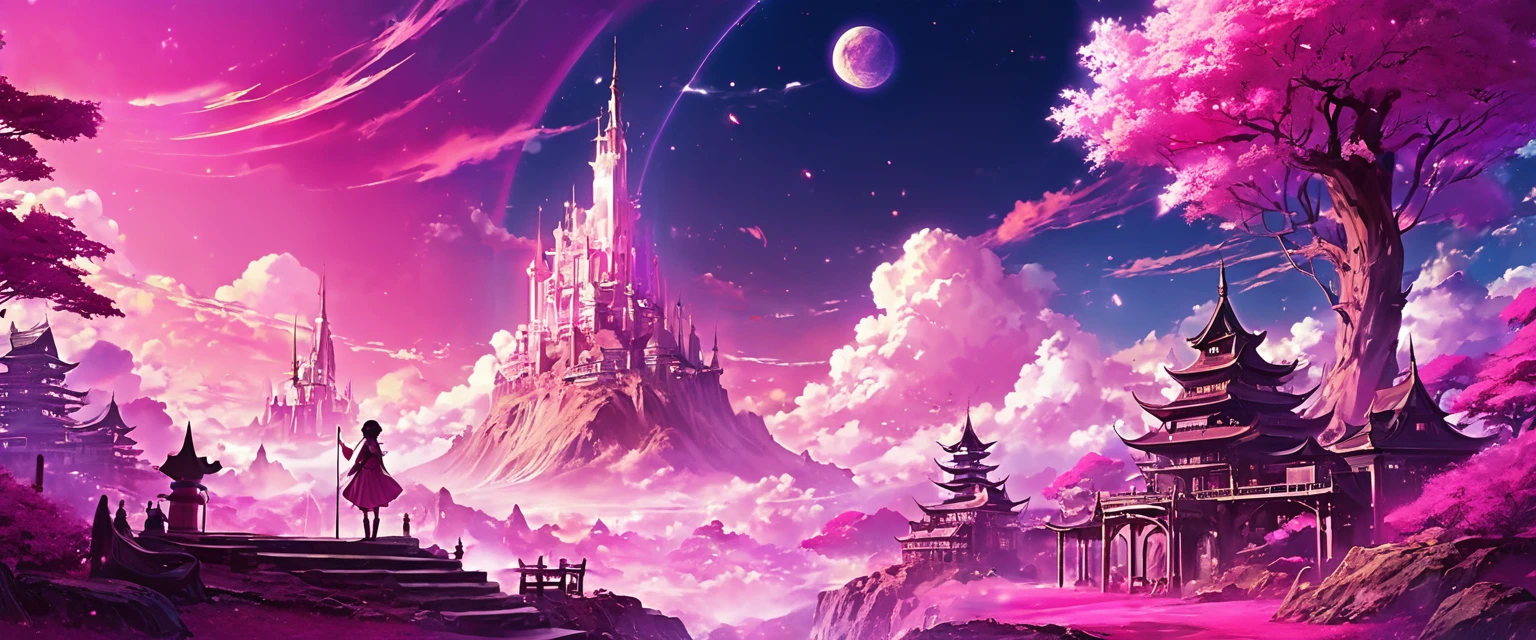 anime fantasy world magic full color,imaginary world,Pink tones