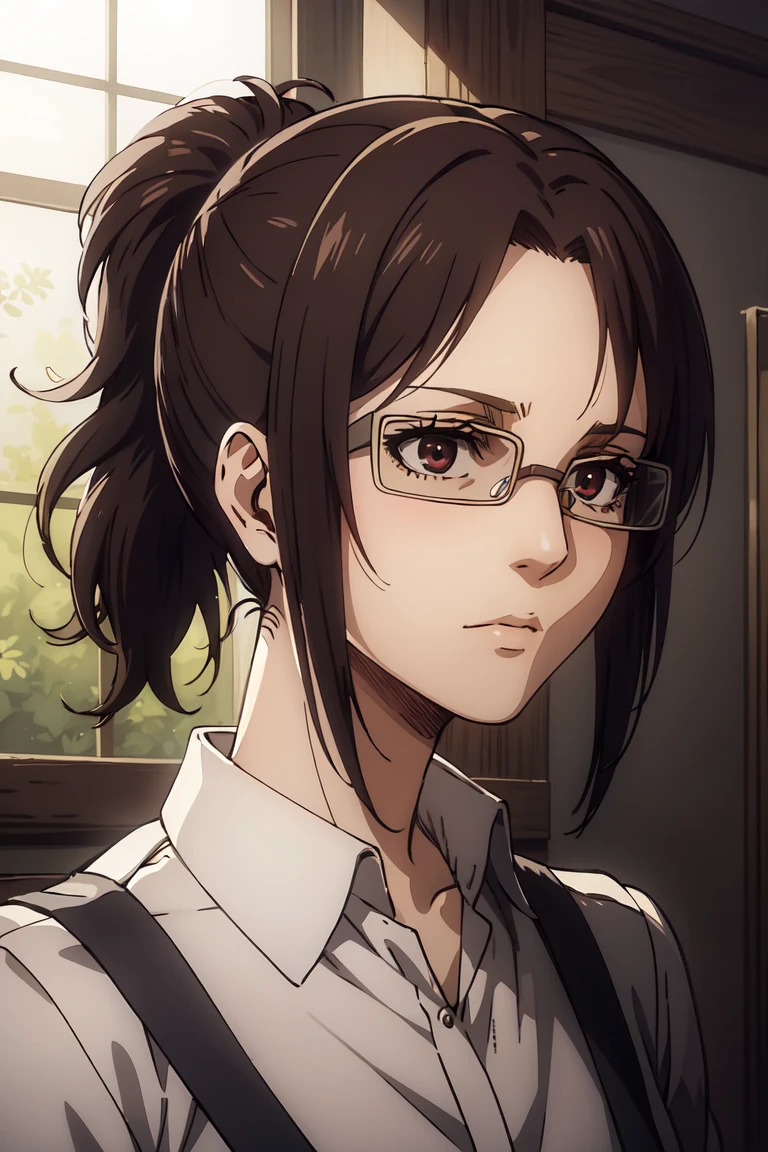 Potrait of beautiful HangeAOT,ponytail,(in full growth:1.4),glasses,1girl, solo,, volumetric lighting, best quality, masterpiece, intricate details, tonemapping