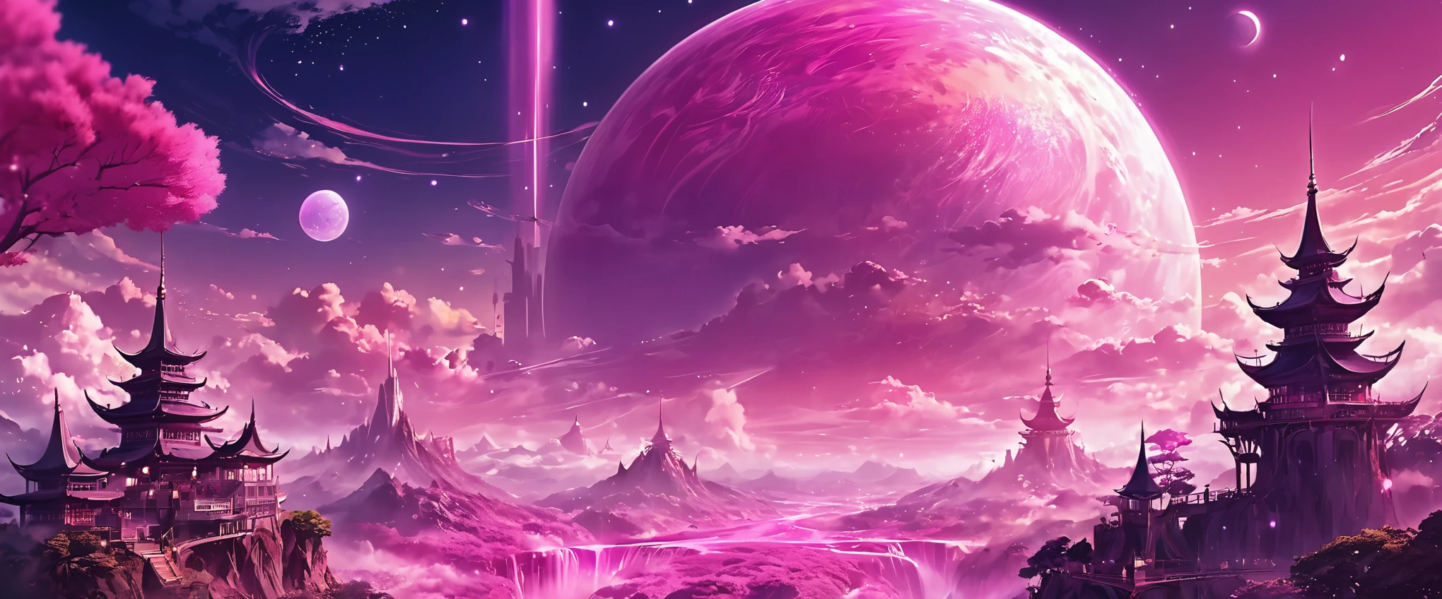 anime fantasy world magic full color,imaginary world,Pink tones