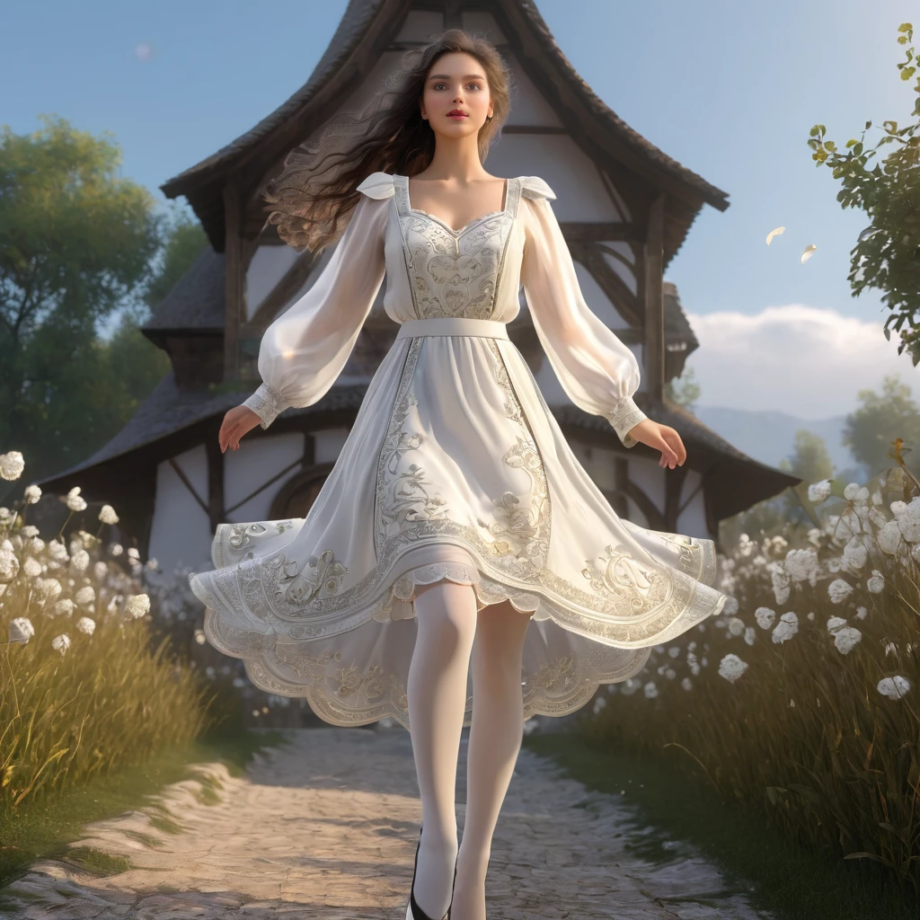 (Highly detailed CG Octane render 8k wallpaper),  Girls Underwear, You can see real bloomers made from cotton fabric.., With panniers, Medieval Translucent Dress, Fabric Realism, Low - Angle,  Pull up the dress by hand, Strong winds, Translucent slip, Translucent slip, tights, Highest quality, whole body, I can see your thighs, Silver and gold embroidery, The dress is also embroidered.