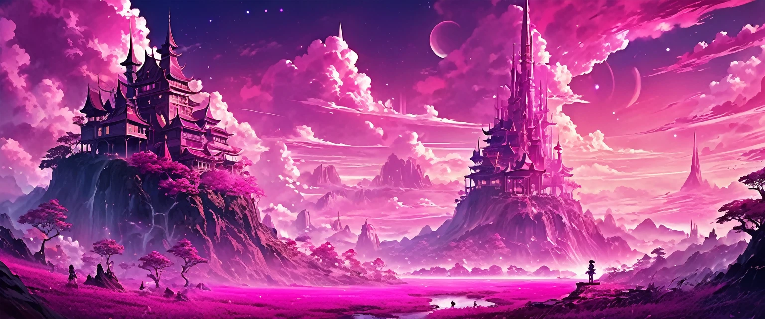 anime fantasy world magic full color,imaginary world,Pink tones