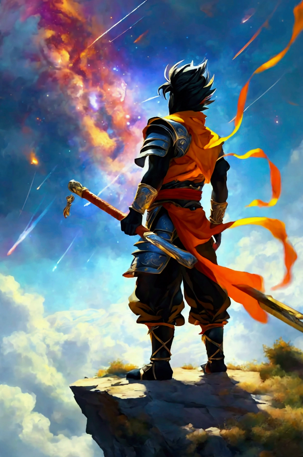 A black myth Wukong，Holding the diamond rod in his hand and carrying it on his shoulder，Back view standing on the edge of the cliff，facing the galaxy, Meteor Showers， A bright moon in the middle of the sky