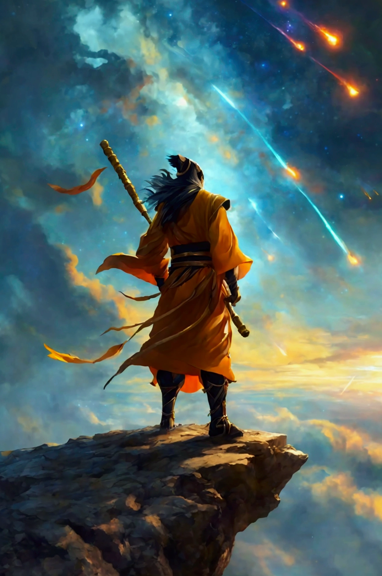 A black myth Wukong，Holding the diamond rod in his hand and carrying it on his shoulder，Back view standing on the edge of the cliff，facing the galaxy, Meteor Showers， A bright moon in the middle of the sky