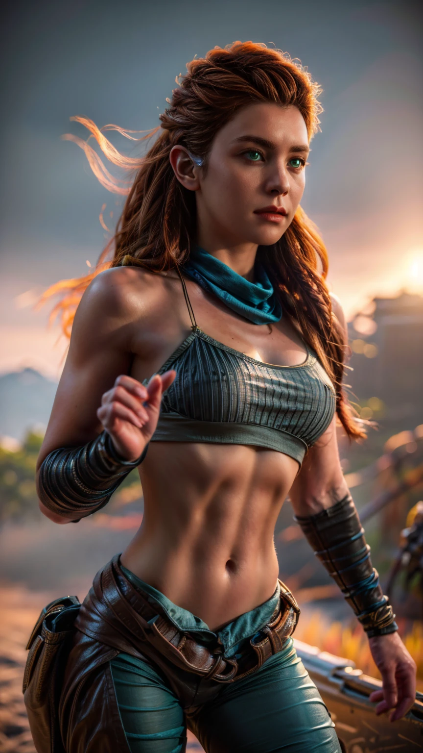 beautiful detailed eyes, beautiful detailed lips, extremely detailed eyes and face, long eyelashes, 1girl, cosplay, Kim Possible cosplays as Aloy from Horizon games, intricate detailed costume, high quality 3D render, cinematic lighting, photorealistic, hyper detailed, vibrant colors, warm lighting, dramatic pose, dynamic action, epic fantasy, human anatomy, no bra