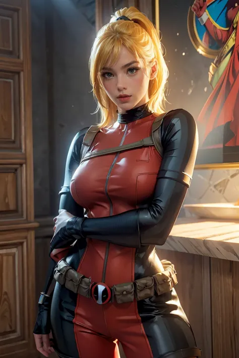 (((3d,cgi))) “cartoon art-style” realistic portrait of a sexy and busty female superhero character in the style of deadpool, i h...