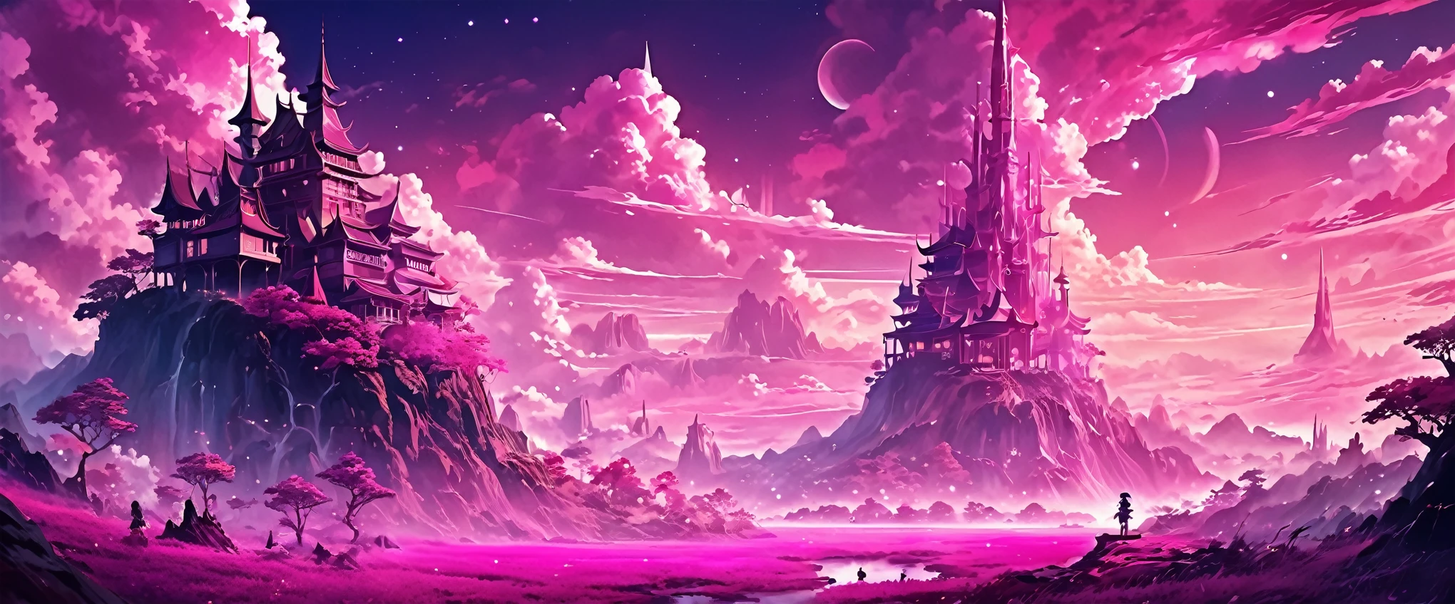 anime fantasy world magic full color,imaginary world,Pink tones