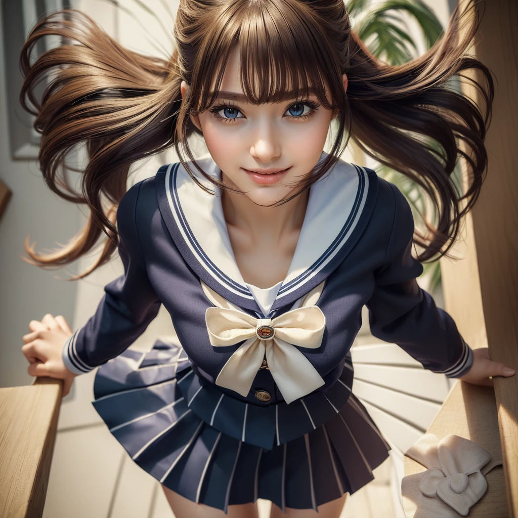 (best quality, masterpiece:1.5), (ultra-detailed, realistic:1.37),4K,cute,beautiful,(salor school uniform:1.2),(skirt),(big breast),(ponytale),from above,standing,windy skirt