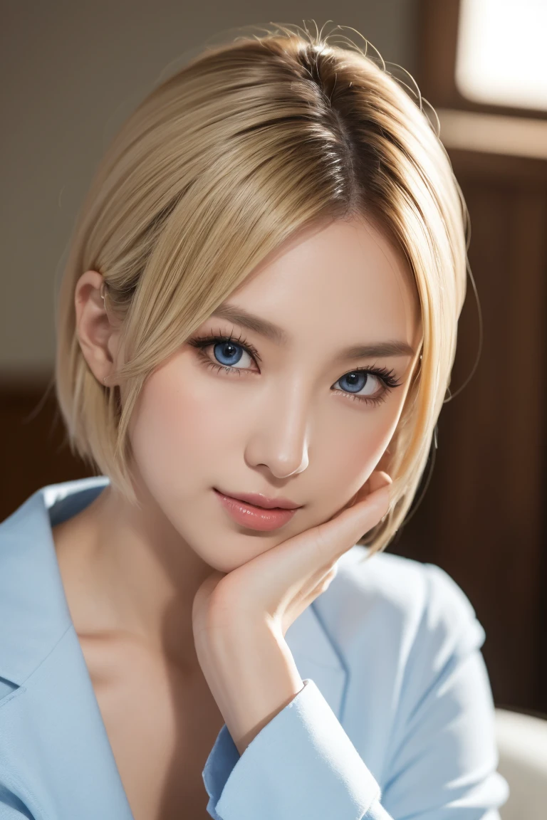 8k, Highest quality, Intricate details, Super detailed, Ultra-high resolution, masterpiece,, ((whole body: 1.1)), thin, smile, (compensate: 0.4), ,(( Cammy White, Blonde, bangs, short hair, blue eyes, Antenna Hair, )), (fluffy eyes: 1.21),  One girl,  ((expensive)), , (((Slim face))), Sharp Face,(Detailed face), Sharp Face, Small lips , Detailed face,  , expensive , Skinny body, 190 cm expensive, Leg Details,  Wearing a recruitment suit、Black heels