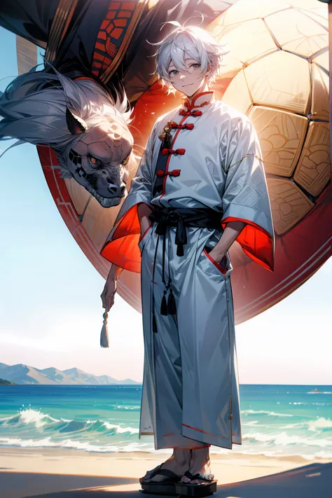 1male, adult male, white eyes. white hair, wrinkles, hunched back, turtle shell on back, beach, sandals, smile, chinese outfit