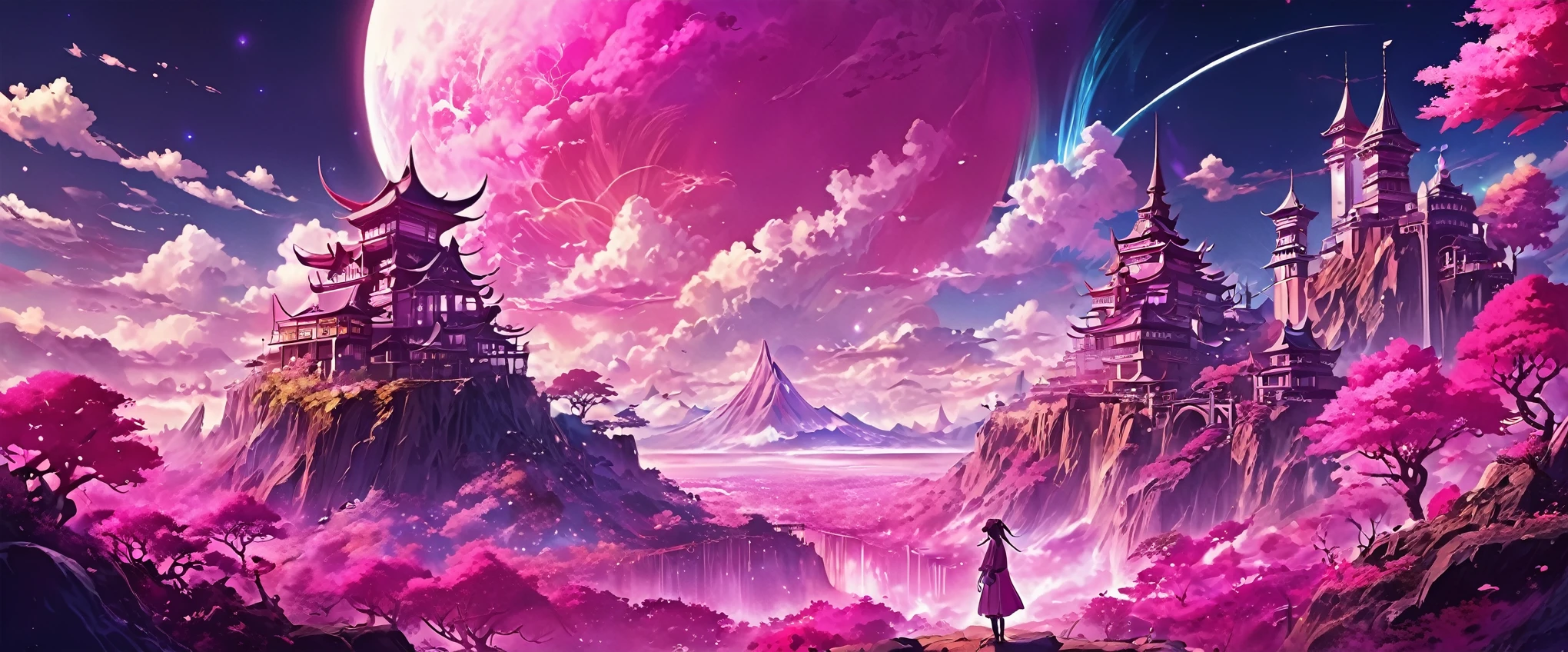 anime fantasy world magic full color,imaginary world,Pink tones