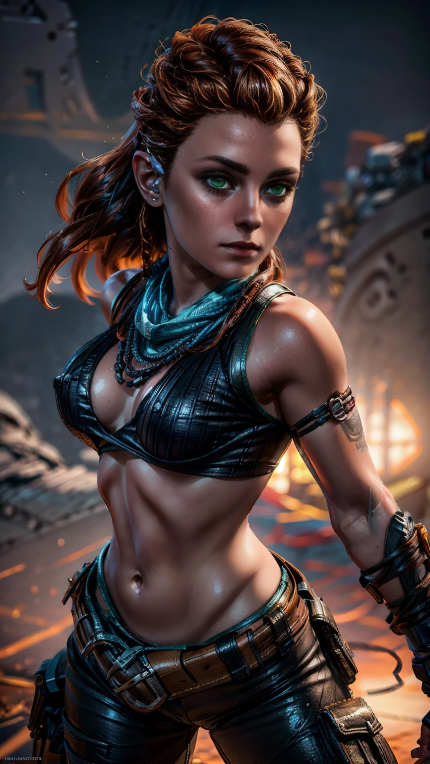 beautiful detailed eyes, beautiful detailed lips, extremely detailed eyes and face, long eyelashes, 1girl, cosplay, Kim Possible cosplays as Aloy from Horizon games, intricate detailed costume, high quality 3D render, cinematic lighting, photorealistic, hyper detailed, vibrant colors, warm lighting, dramatic pose, dynamic action, epic fantasy, human anatomy, no bra