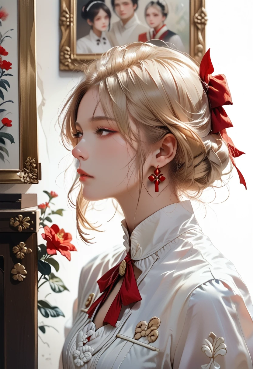 there is a woman in a white shirt with a red ribbon on her chest, nivanh chanthara, white ribbon, profile picture 1024px, only with red, thawan duchanee, red ribbon, wonderful masterpiece, jia, 1, white red, peacefull, yuli ban, sakimi chan, wearing headmistress uniform