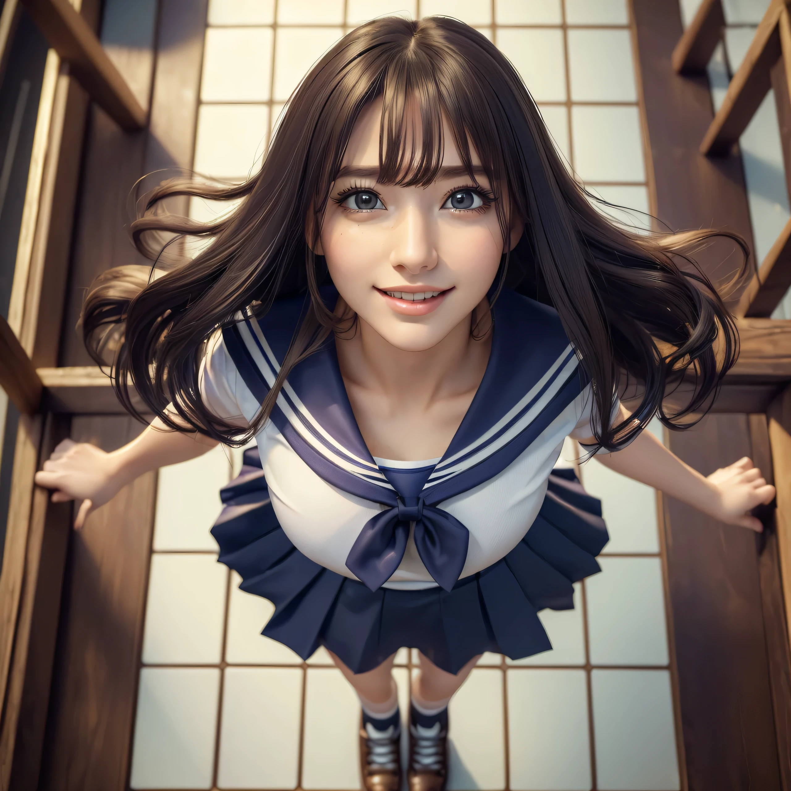 (best quality, masterpiece:1.5), (ultra-detailed, realistic:1.37),4K,cute,beautiful,(salor school uniform:1.2),(skirt),(big breast),(ponytale),from above,standing,windy skirt