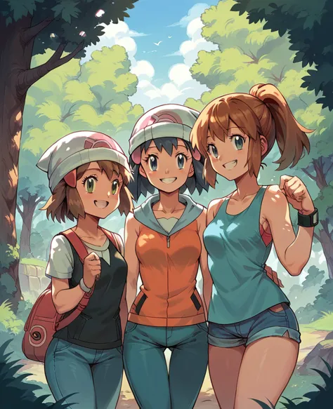 character pokemon, three girls , misty , dawn, may, together, smile , friends