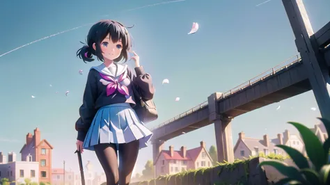 (masterpiece),  town,  blue sky,  one girl,  smile,  alone,  sailor suit, long skirt,  overgrown,  petal,  plant、skirt lining、tr...