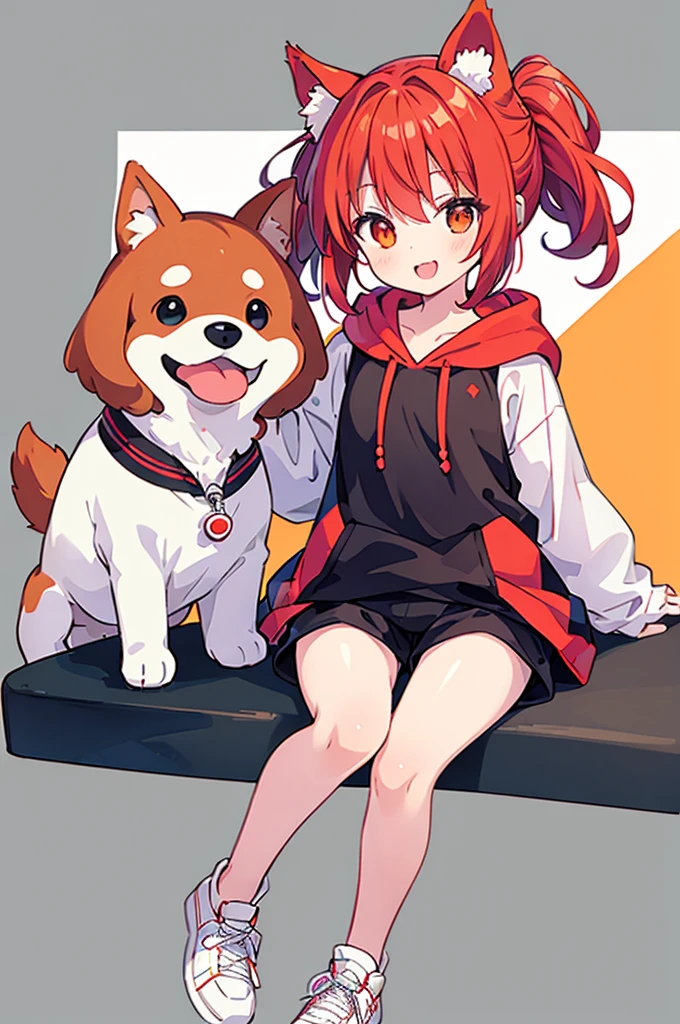 Full body portrait，front，male，Red Hair，Hair up to shoulders，Orange Eyes，Dog ears，，About，White hoodie outfit，Mouth open，smile，Black shorts